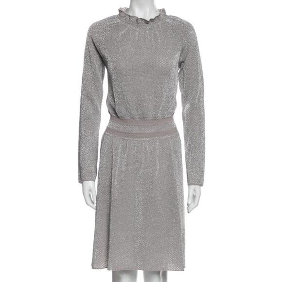 Tory Burch Silver Shimmer Isabelle Metallic Knit Long Sleeve Blouson Dress XS - Picture 3 of 9